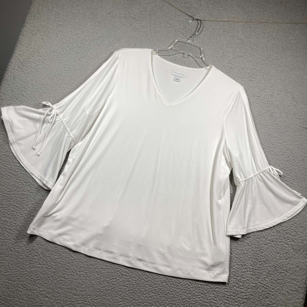Susan Graver Blouse Women XL White Liquid Knit V-Neck Bell Sleeve Tie Detail